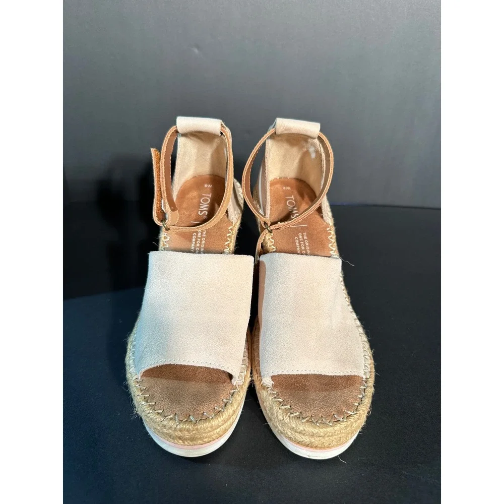 TOMS Monica Cream Suede Espadrille Wedge Sandals Tan Ankle Strap Womens 6